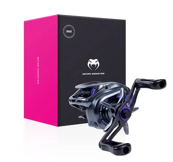 Micro baitcasting fishing reel, dark frame with pink spool accents and dual spools