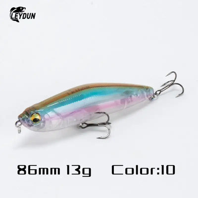 Ireyun 86mm artificial minnow fishing lure with iridescent rainbow colors and three treble hooks for topwater use