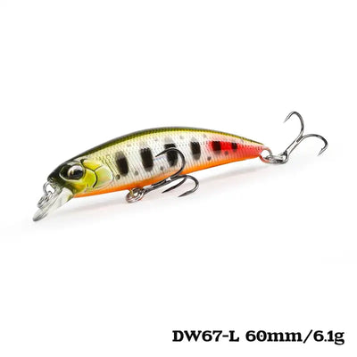 Mini sinking minnow crankbait, DW67-L, olive-green top with orange belly, 60mm/6.1g, 2 treble hooks