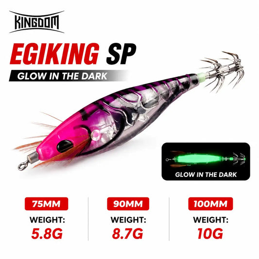 Glow-in-the-dark squid jig lure, pink-silver body, multiple tentacle hooks