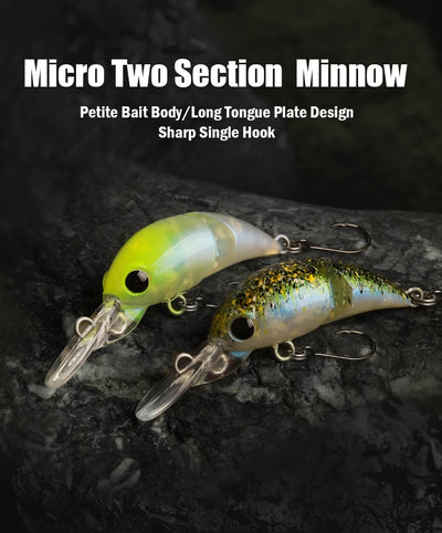 Two micro floating minnow crankbaits, chartreuse and gold, with treble hooks