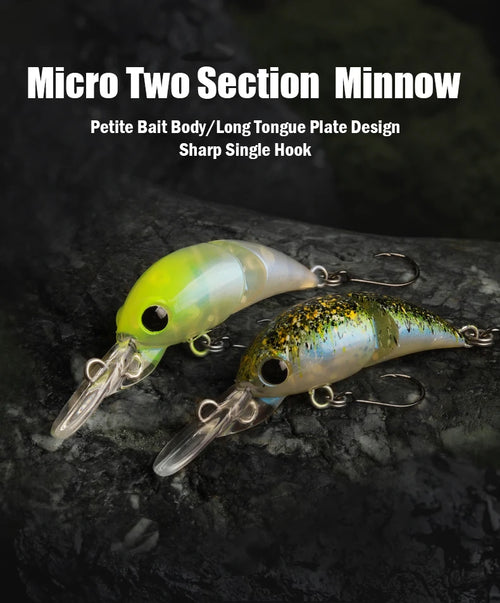 Two micro floating minnow crankbaits, chartreuse and gold, with treble hooks