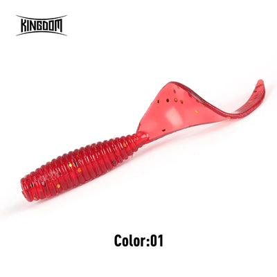 Soft plastic paddle tail lure in glossy red with curved tail, Color:01