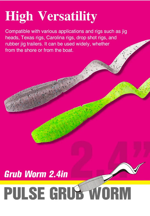 Soft plastic curled worm lures, gray and neon green speckled, twin pack