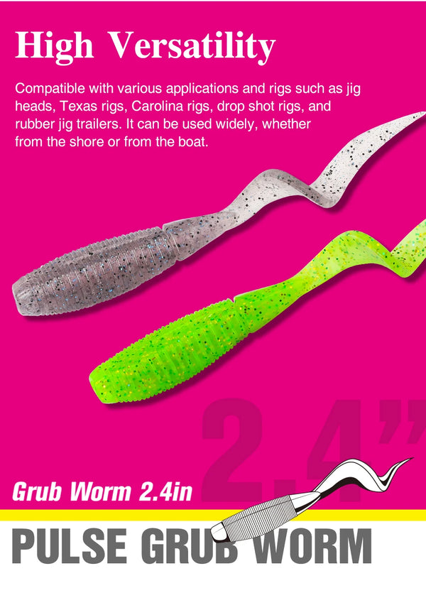 Soft plastic curled worm lures, gray and neon green speckled, twin pack