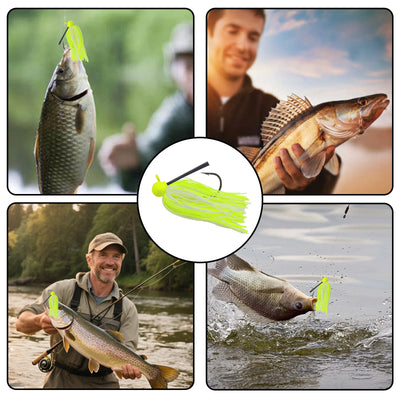 Neon yellow jig lure shown with bass catch photos; skirt and hooks in focus.