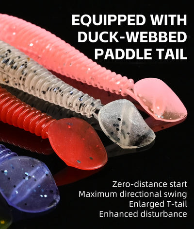 Soft T-tail silicone fishing lure set, pink, red, and gray translucent paddle tails