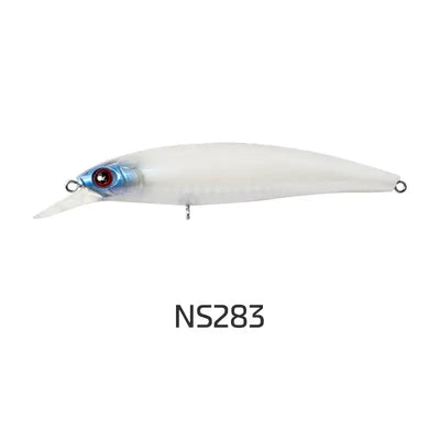 White floating minnow jerkbait with blue head and treble hooks