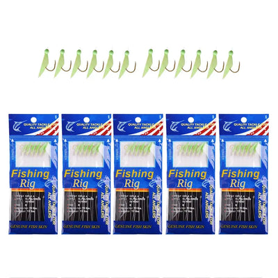 Lime luminous fish-skin fishing rigs with five hooks shown above five blue fishing rig packs.