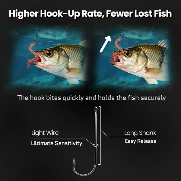 FishTrip long shank barbed hook with light-wire look, centered on dark background