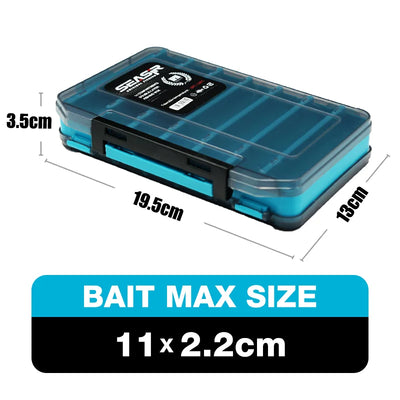Blue tackle box with clear lid and molded latches, compact multi-compartment organizer