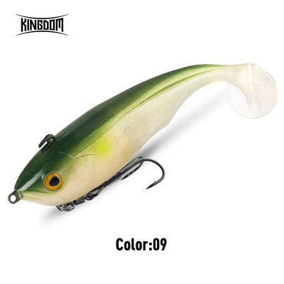 Green and pale shad soft bait lure with T-tail, black treble hooks