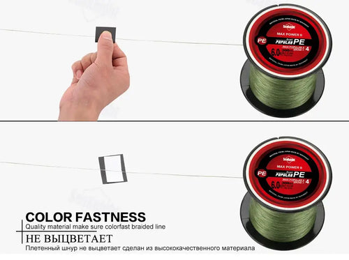 Green braided fishing line spool with hand pulling a line section