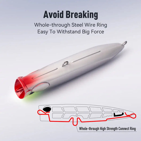Floating popper fishing lure, white-gray body with red nose, through-wire eyelets, treble hook