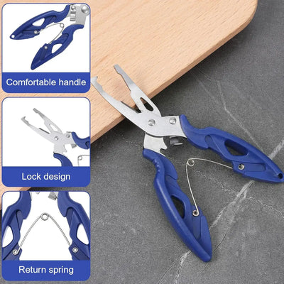Blue-and-silver fishing pliers with split-ring jaws, ergonomic handle design