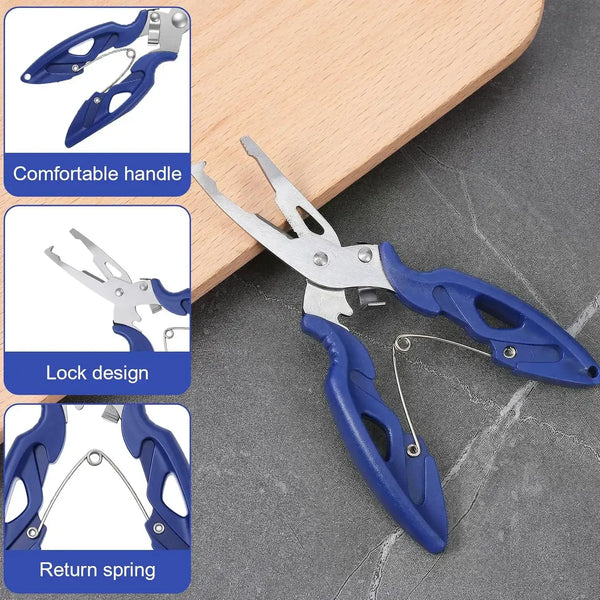 Blue-and-silver fishing pliers with split-ring jaws, ergonomic handle design