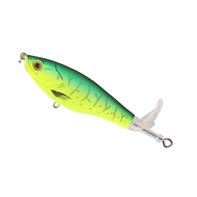 Artificial hard topwater fishing lure, lime green and teal body, clear blade tail