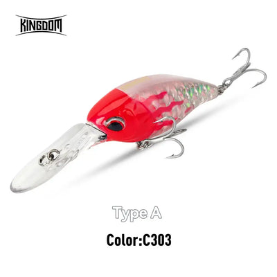 Floating crankbait minnow lure, red and translucent with silver lip and treble hooks