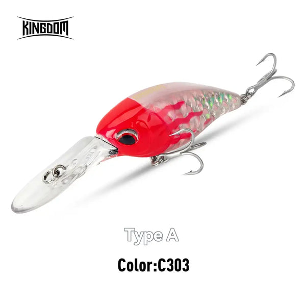 Floating crankbait minnow lure, red and translucent with silver lip and treble hooks