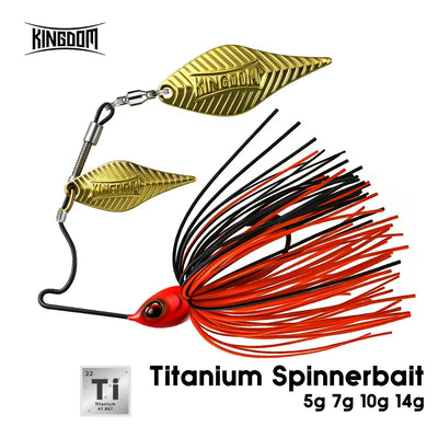 Spinnerbait fishing lure with gold double willow blades, red head, orange skirt, black hook.