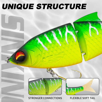Hunthouse Flextail 135 jointed swimbait, bright chartreuse green body, treble hooks, feather tail