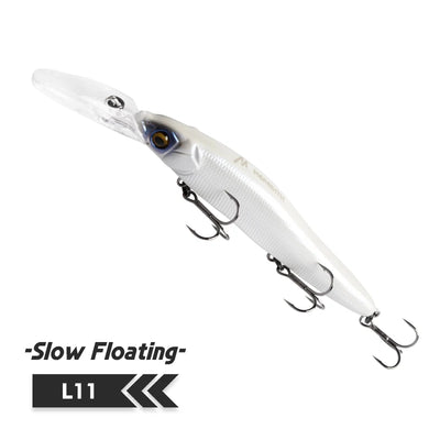 Minnow fishing lure, white/silver body with dark head, clear lip, three treble hooks