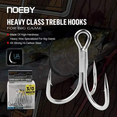 Heavy duty treble fishing hook set, polished steel finish, three barbed hooks