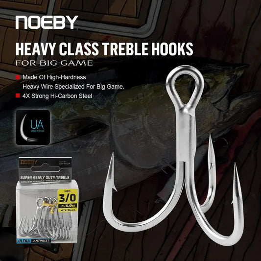 Heavy duty treble fishing hook set, polished steel finish, three barbed hooks