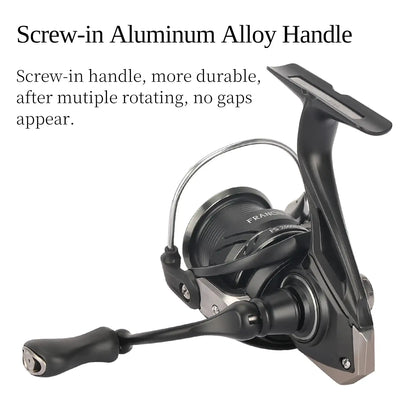 Spinning reel with screw-in aluminum alloy handle, black reel body and crank