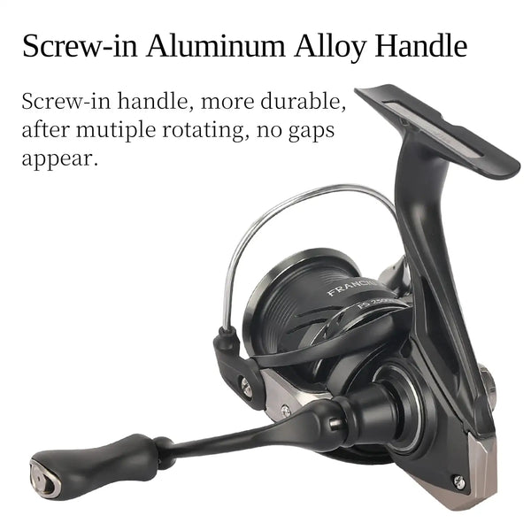 Spinning reel with screw-in aluminum alloy handle, black reel body and crank
