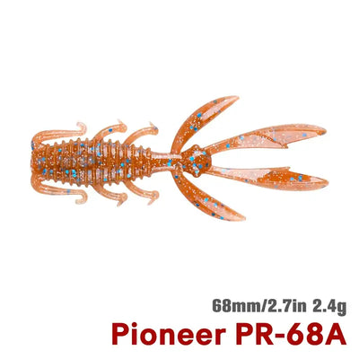 Orange glitter soft silicone shrimp lure with long claws and twin tail fins, 68mm/2.7in