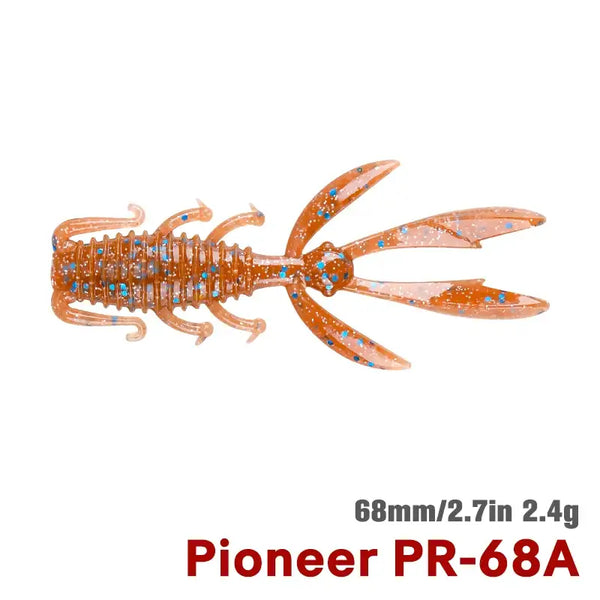 Orange glitter soft silicone shrimp lure with long claws and twin tail fins, 68mm/2.7in