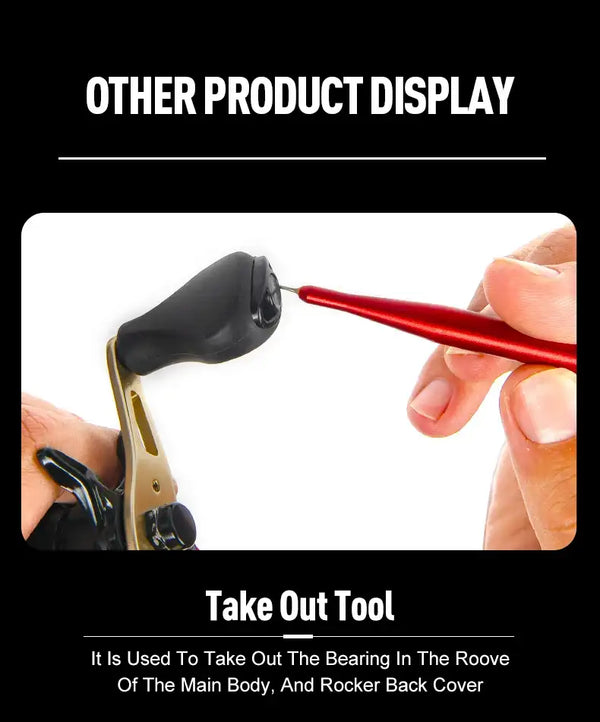Small extraction tool with black tip and red handle for removing bearings from reels