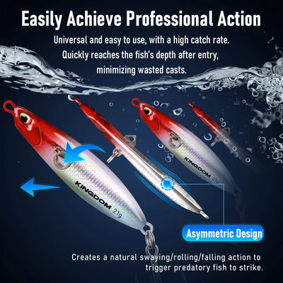 Three long casting jigging lures with treble hooks, shown in water motion