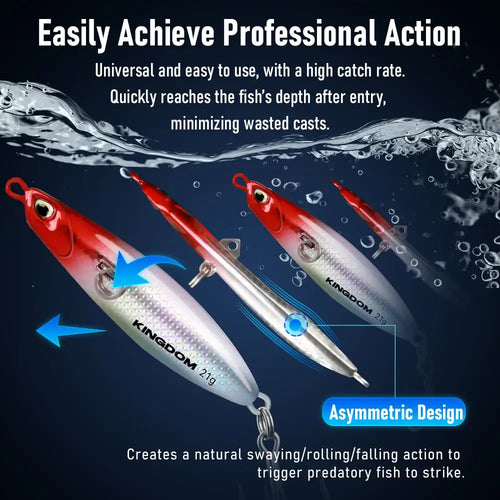 Three long casting jigging lures with treble hooks, shown in water motion