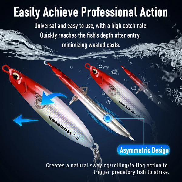 Three long casting jigging lures with treble hooks, shown in water motion