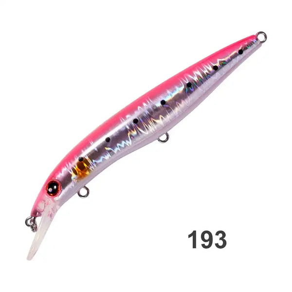 Shallow trolling minnow lure in color 193, pink body with black stripe and silver hooks