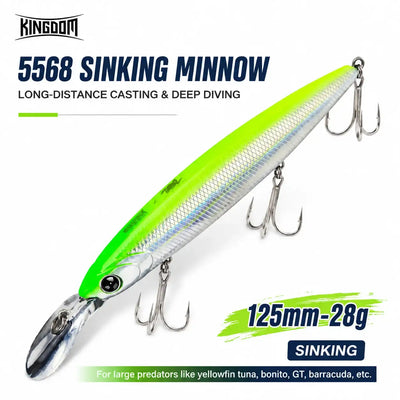 Neon green and silver sinking minnow fishing lure with treble hooks and split ring.