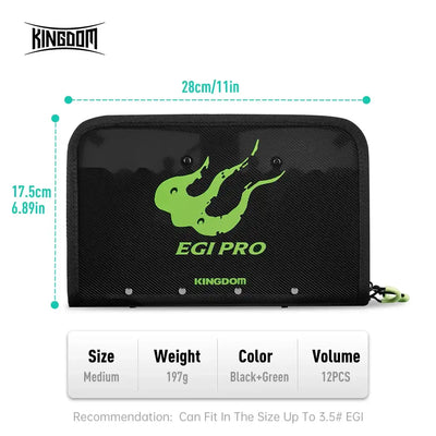 Medium black egi storage bag with green octopus logo and teal-accent side strap