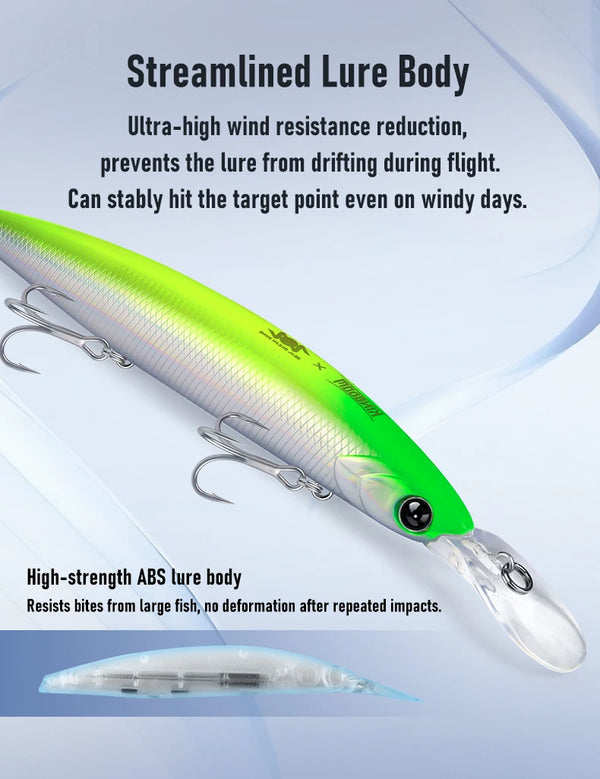 Sinking fishing lure with neon green and silver body, black eye, treble hooks