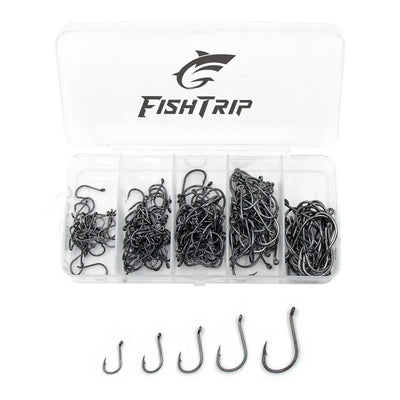 Octopus circle hook set in clear plastic box, dark steel hooks