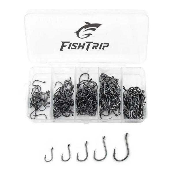 Octopus circle hook set in clear plastic box, dark steel hooks