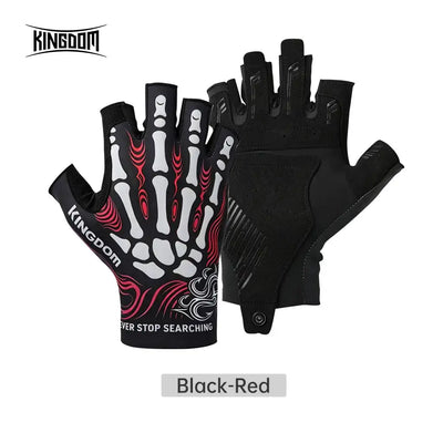 Pair of half-finger fishing gloves, black with red skeleton pattern and snap cuff