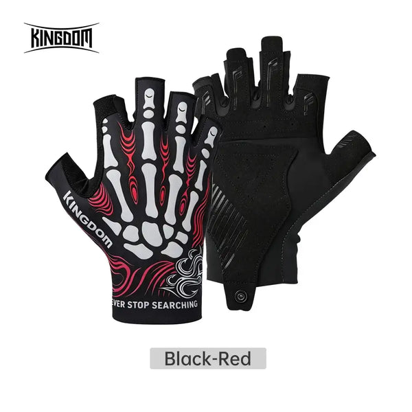 Pair of half-finger fishing gloves, black with red skeleton pattern and snap cuff