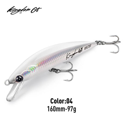 White sinking minnow lure with iridescent scale pattern, clear lip and three treble hooks (160mm)