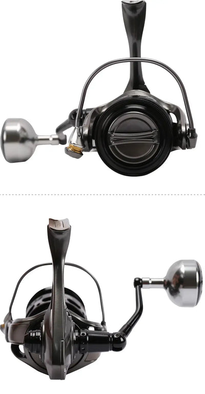 Black spinning fishing reel with round spool and right-side handle