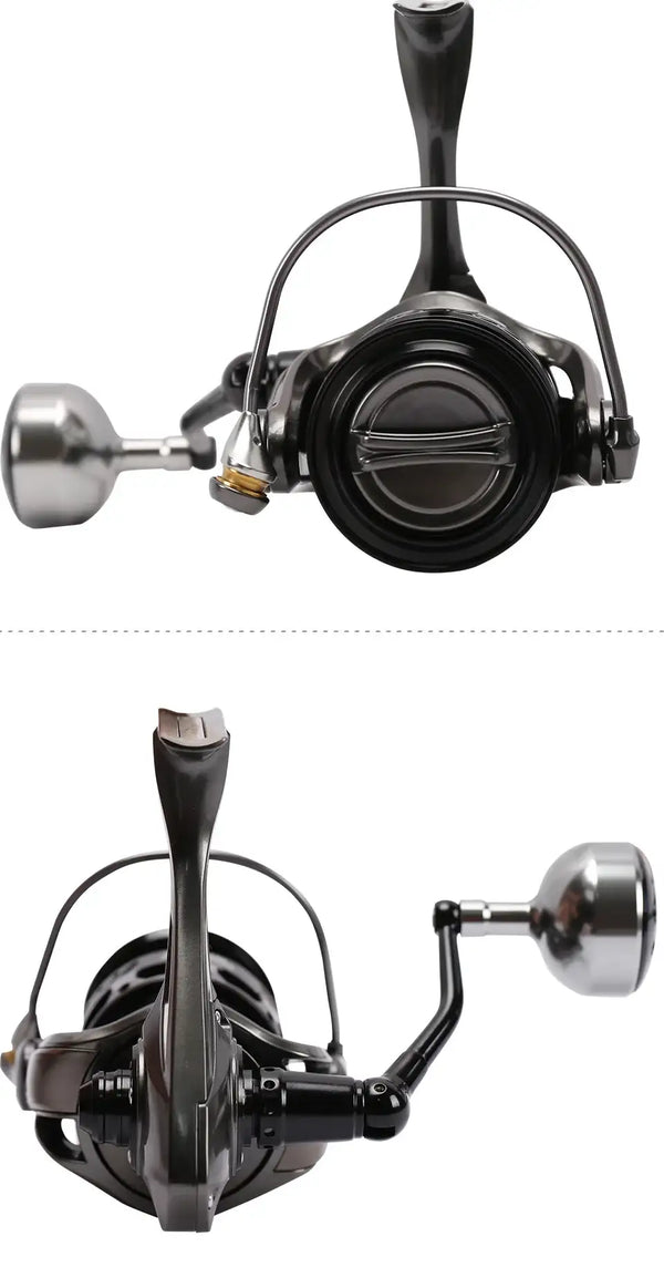 Black spinning fishing reel with round spool and right-side handle