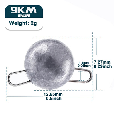 Gray round fishing sinker with free-swing hook clip, 2g weight, metal loop ends