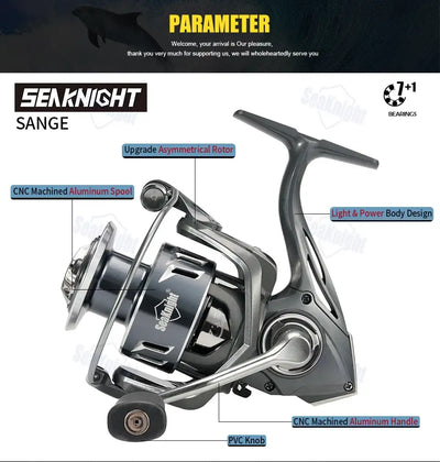 SeaKnight SANGE spinning reel silver and black with cnc aluminum spool, handle, and pvc knob