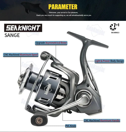 SeaKnight SANGE spinning reel silver and black with cnc aluminum spool, handle, and pvc knob